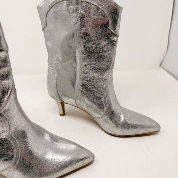 Dolce Vita Silver Leather Slouchy Kitten Heel Western Cowboy Boots Size 6 - Picture 3 of 9